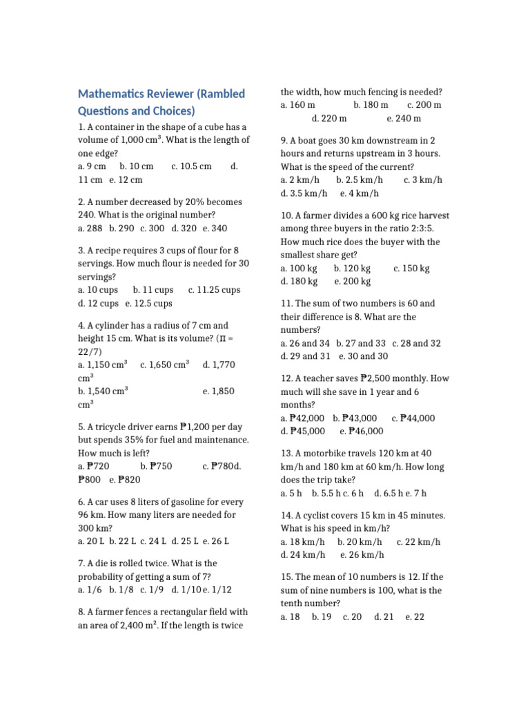 Math Reviewer Rambled Questions and Choices | PDF | Area | Length