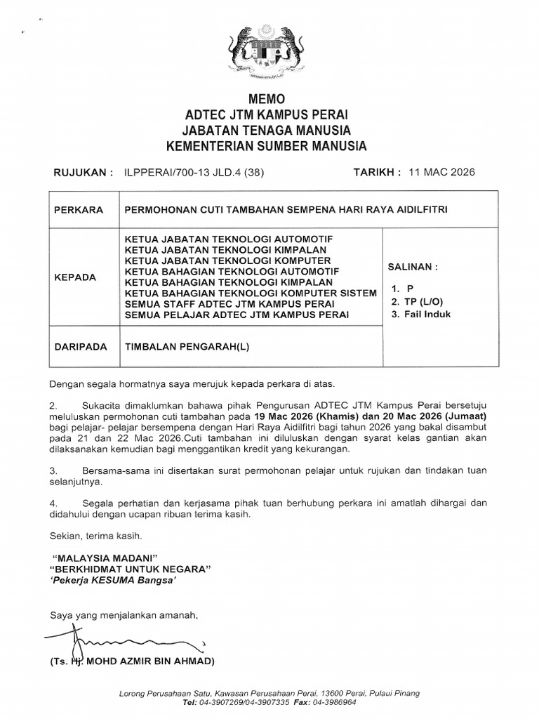 Cuti Tambahan Sempena Hari Raya Aidilfitri | PDF