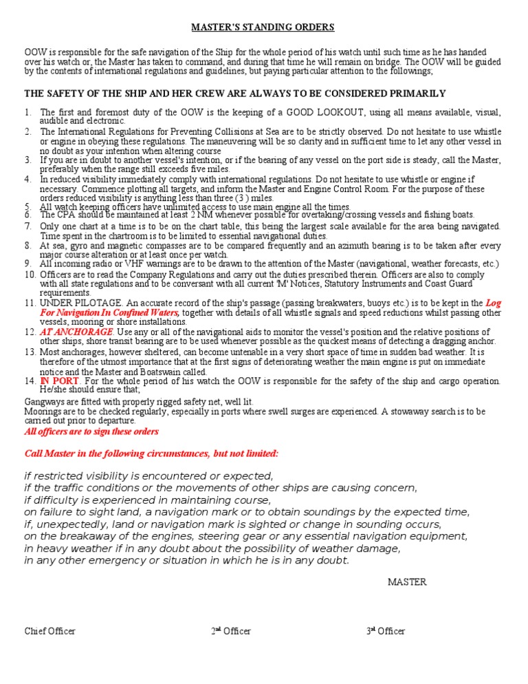Master Standing Order Navigation Ships