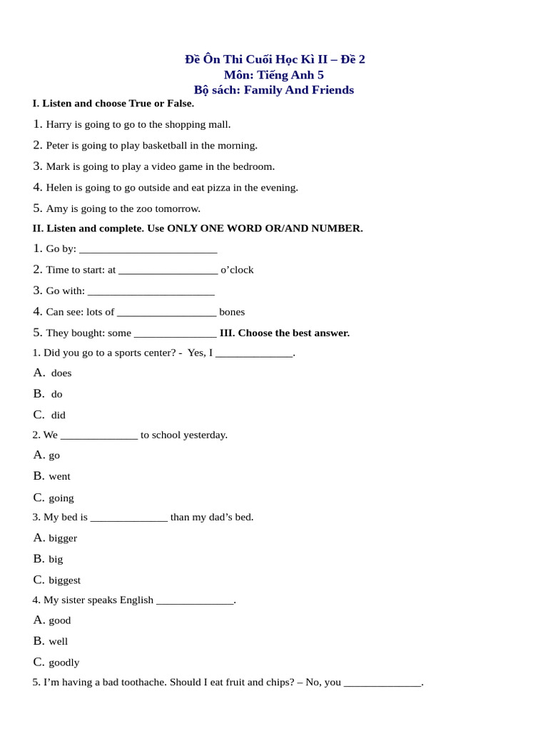 English 5 - HK2 - Đề 2 | PDF