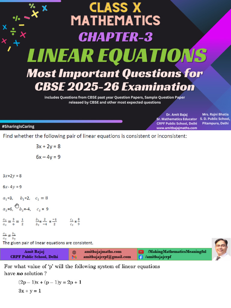 3a. Class X LINEAR EQUATIONS Most Important Questions For 2025-26 ...