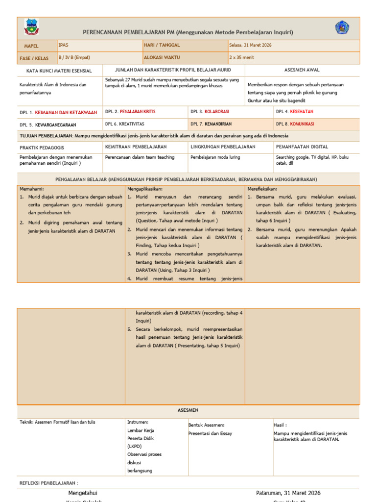 RPP - PM - IPAS - Kls 4 - Sem 2 (Selasa, 31 Maret 2026) | PDF