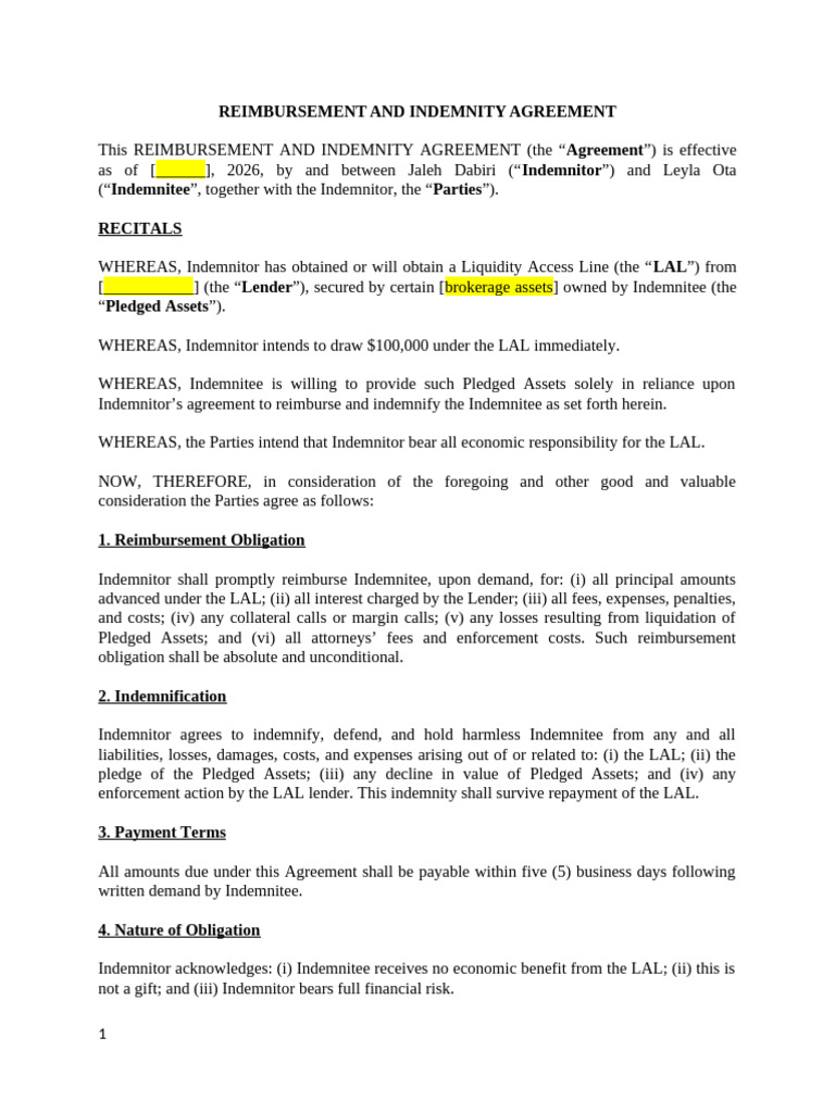 Reimbursement and Indemnity Agreement | PDF | Indemnity | Common Law
