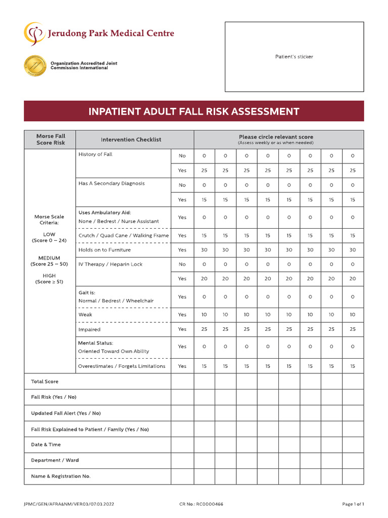 InpatientFallRiskAssessment Form v2 Zul 8922 | PDF