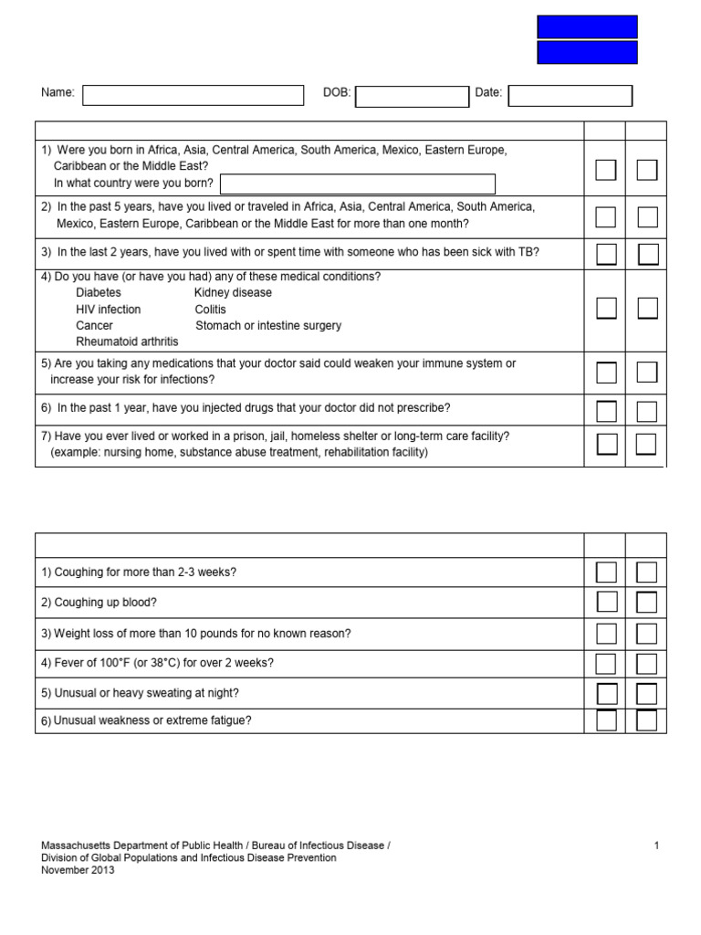 Ma TB Risk Assessment Form | PDF | Tuberculosis | Infection