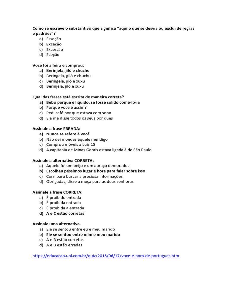 Teste de Português - Respostas e Referências | PDF | Linguística