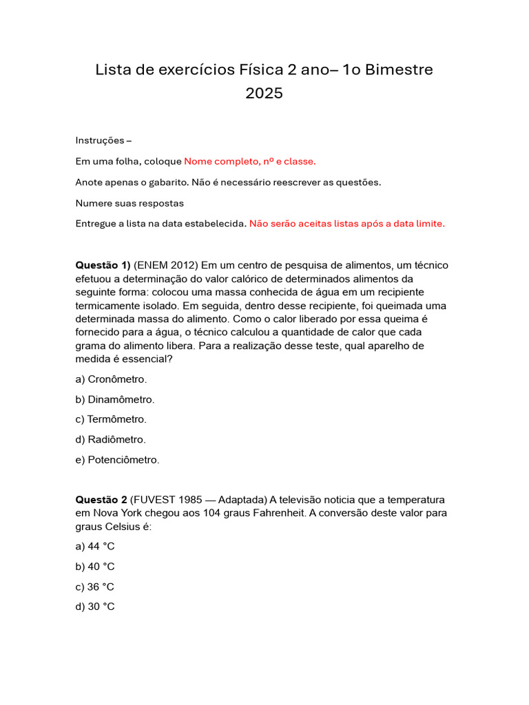 Lista de Exercícios Fisica 2 Ano 1B | PDF | Calor | Temperatura