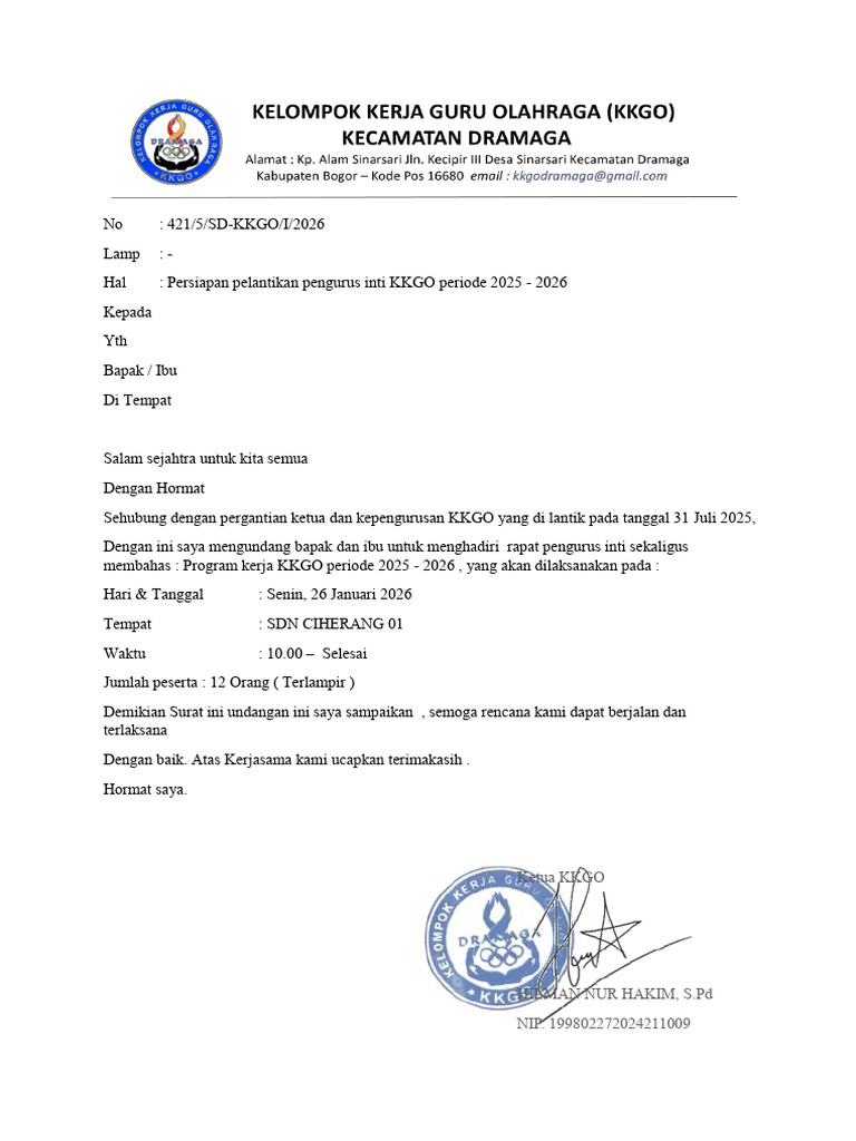 Undangan Persiapan Pelantikan Pengurus Inti KKGO Periode 2025 - 2026 | PDF