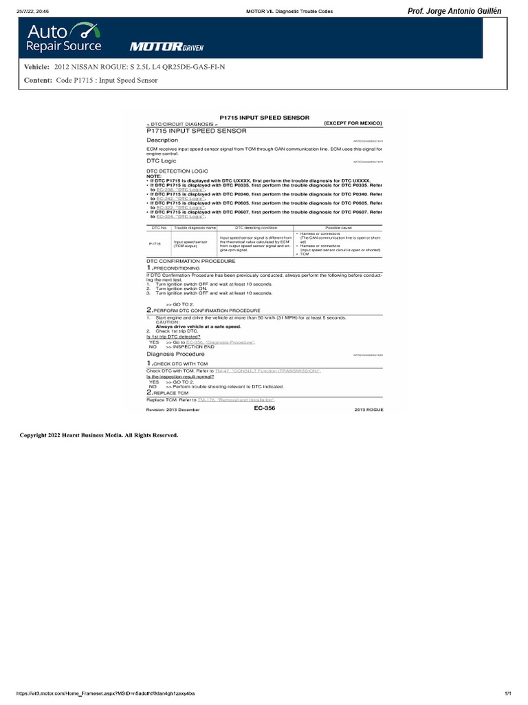 Nissan Rogue S 2012 Motor 2.5 L Code P1715 - Input Speed Sensor | PDF