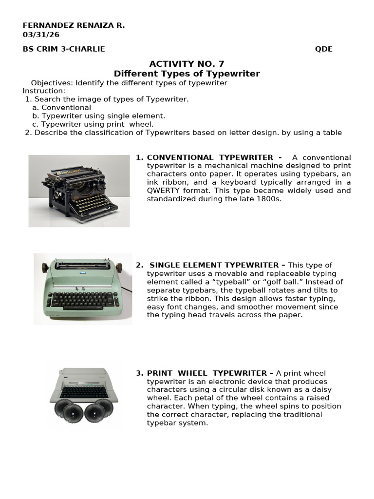 Activity No. 7 Different Types of Typewriter | PDF | Typewriter | Writing