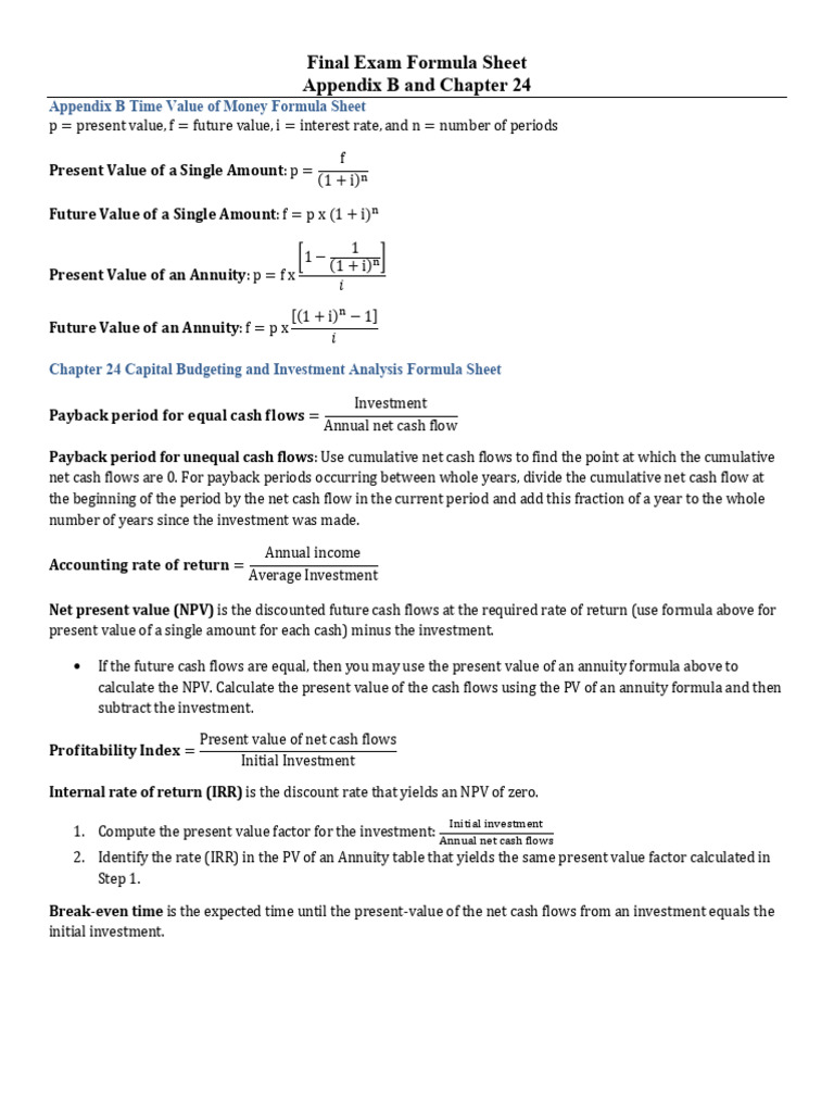 ACCT 2102 FA25 Final Exam Formula Sheet Appendix B Ch. 24 | PDF | Net ...