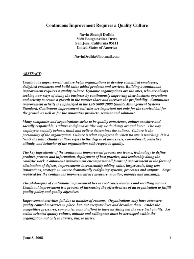 Building a Quality Culture for Improvement | PDF | Quality Management ...