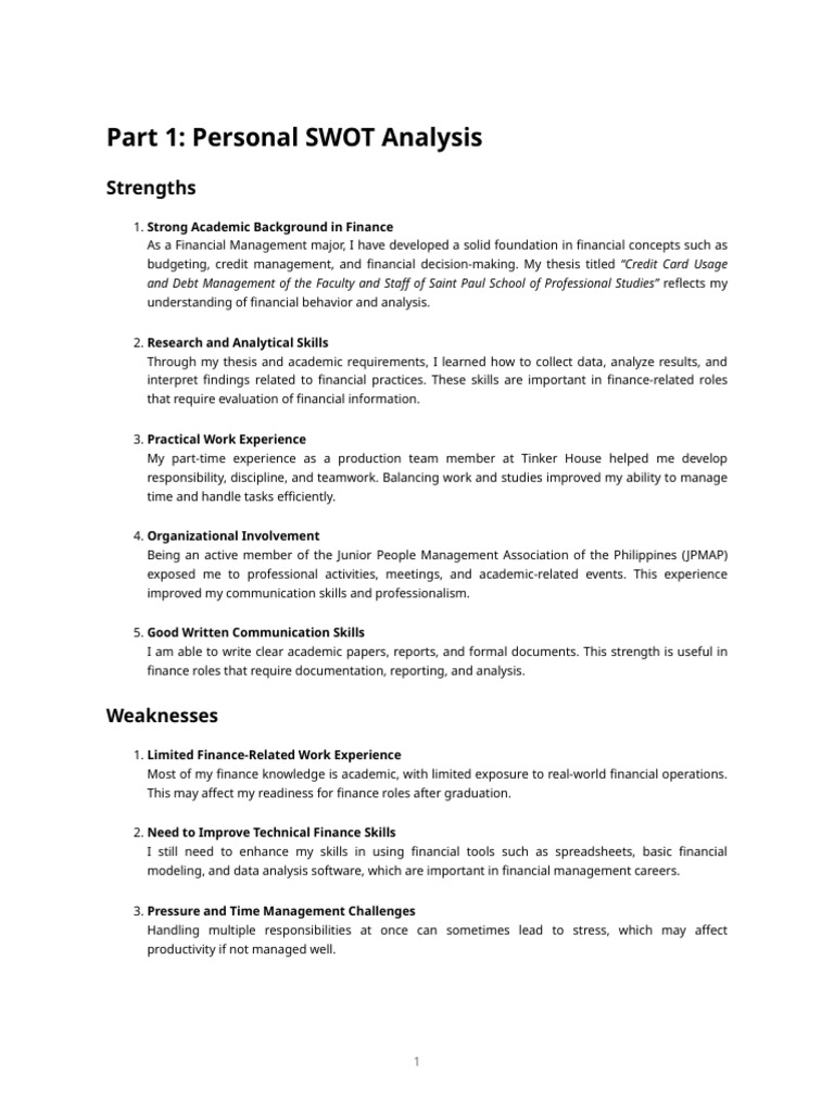 Personal Swot Analysis and Career Action Plan | PDF