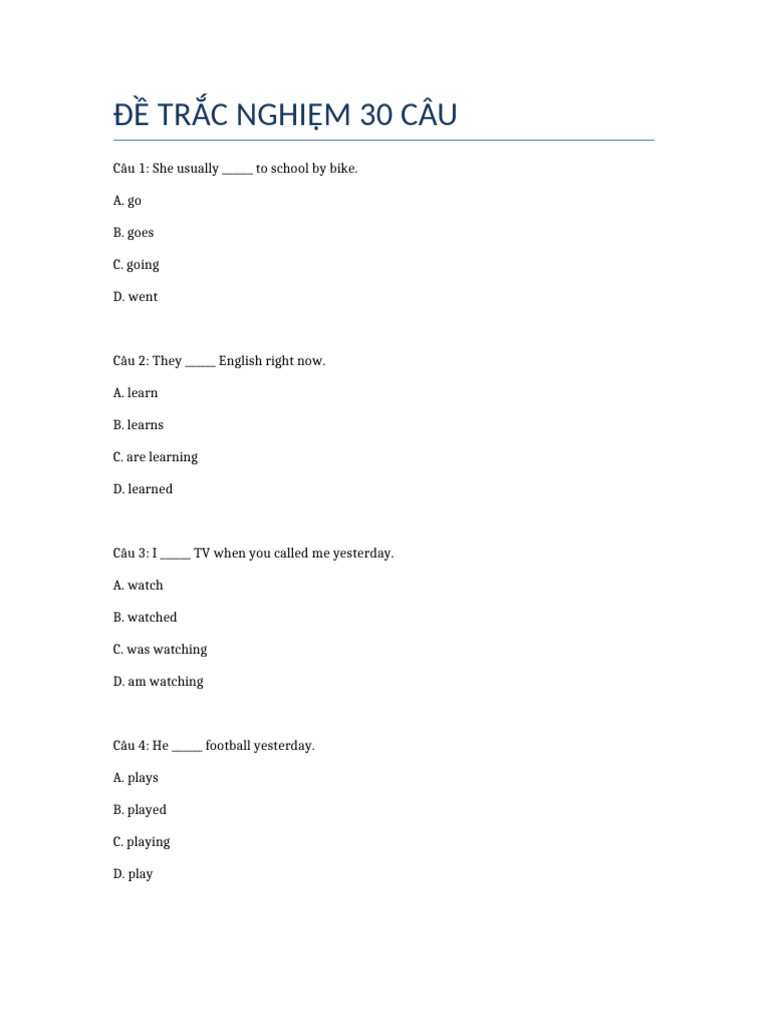 De Trac Nghiem 30 Cau | PDF