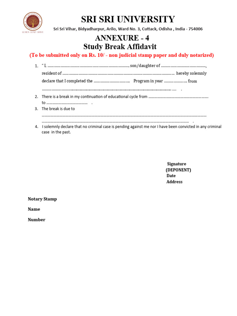 A4 Study Break Affidavit PDF | PDF
