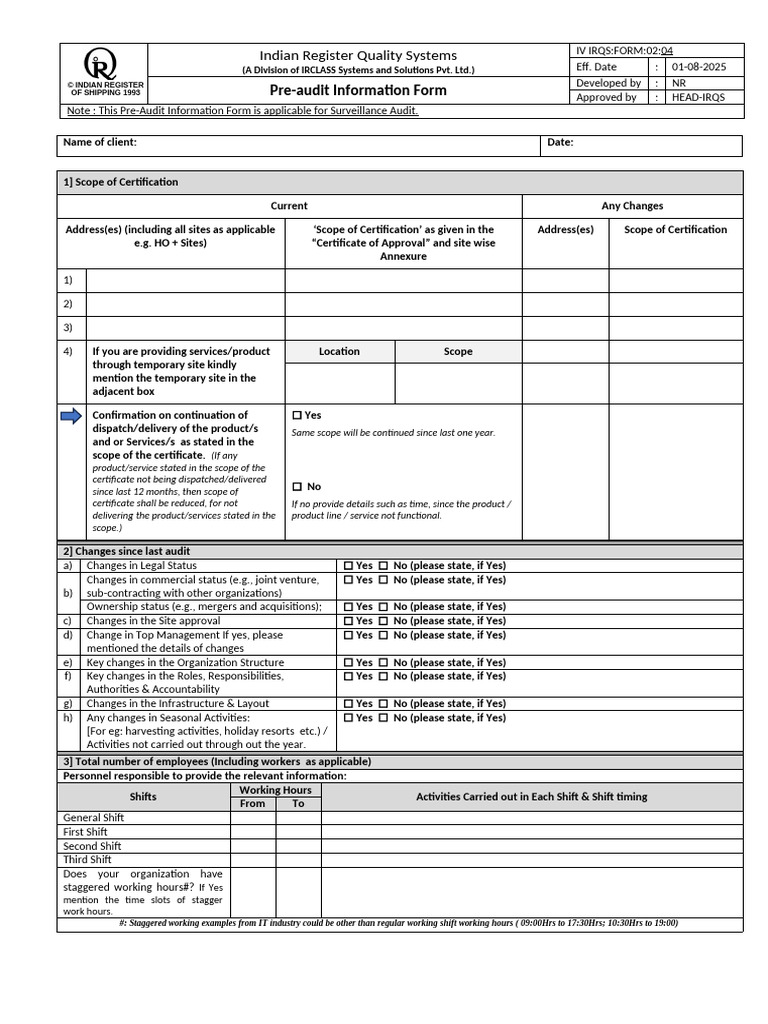002 Pre Audit Information Form REV04 | PDF | Risk Assessment | Safety