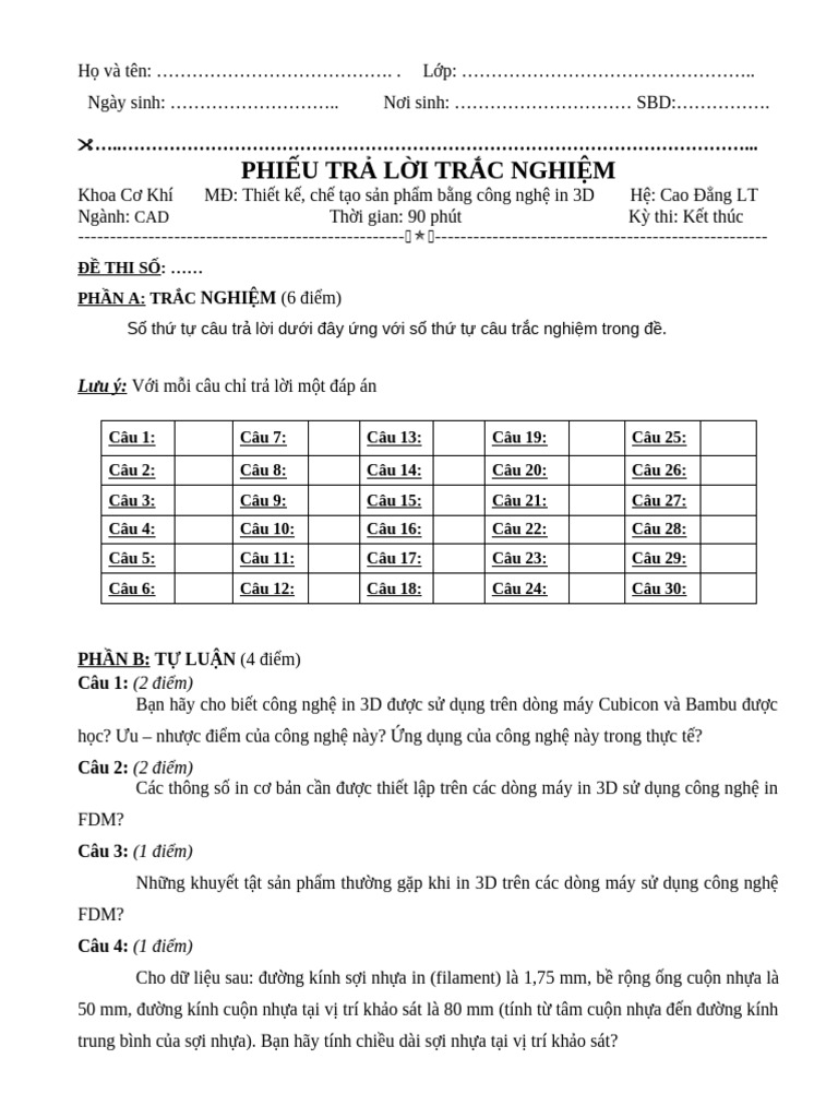 Phieu Tra Loi Trac Nghiem | PDF