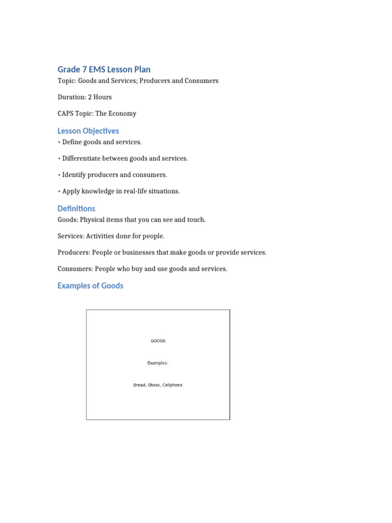 Grade 7 EMS Lesson Goods Services | PDF