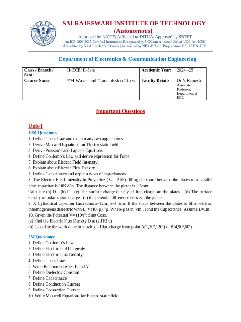 EMTL Important Questions | PDF | Maxwell's Equations | Waves