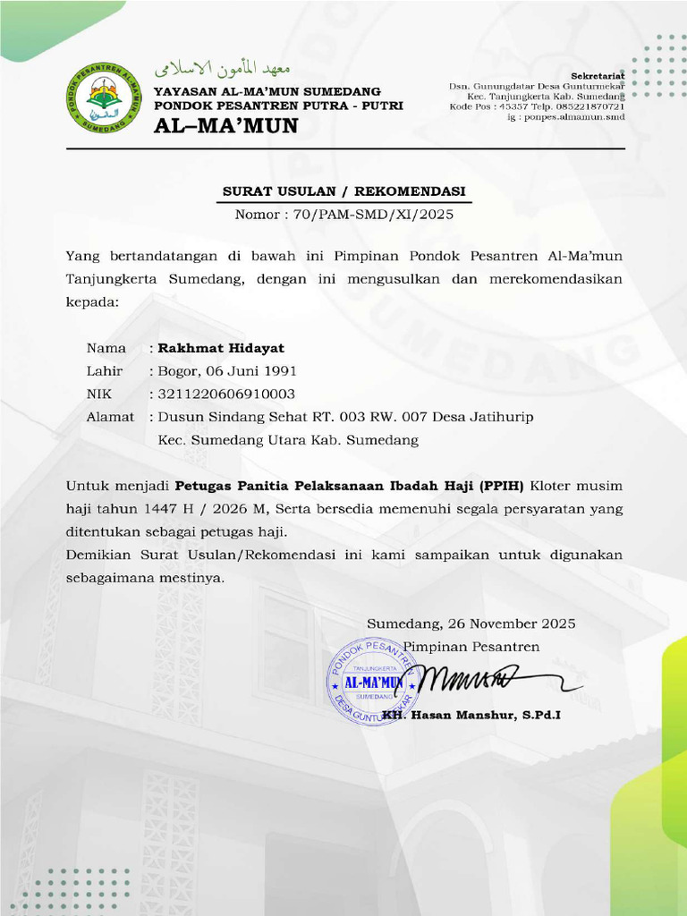 Rekomendasi Peserta Pendaftaran PPIH - Rakhmat Hidayat | PDF