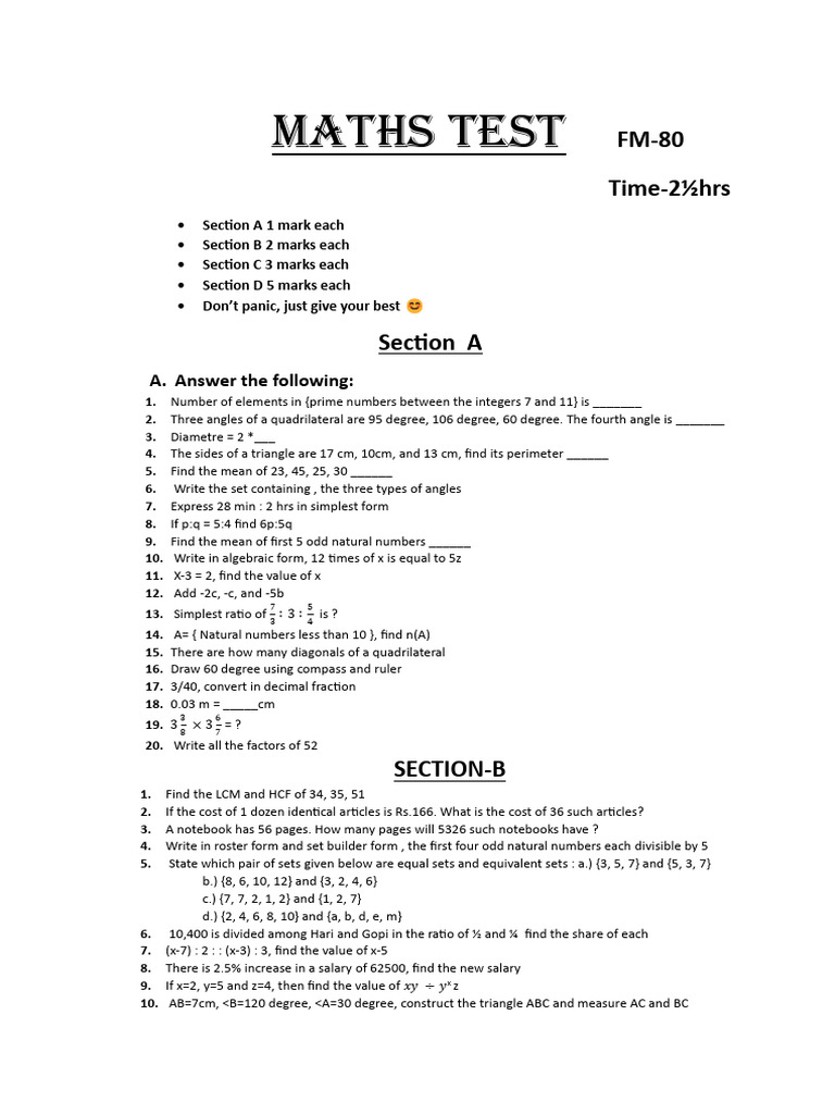 Class 6 Icse Maths Test | PDF