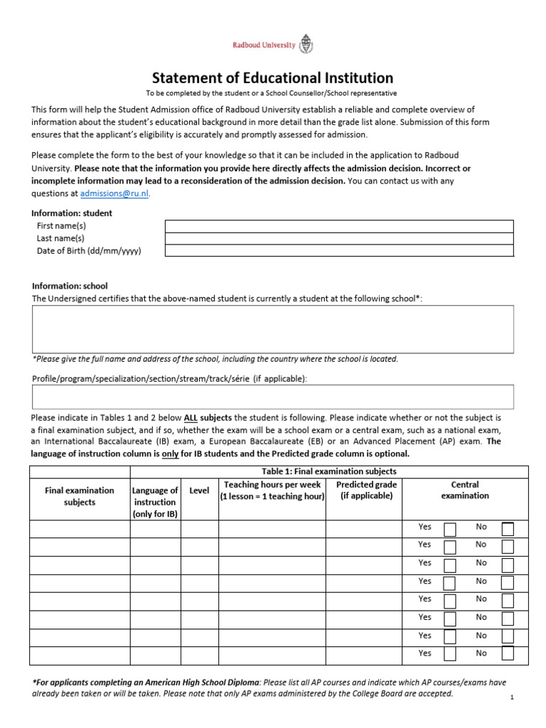 Radboud University Statement of Education Form 2026 Update | PDF ...