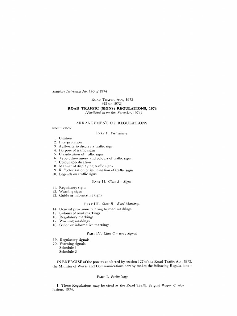 Road Traffic (Signs) Regulations, S. I. No. 140 of 1974 | PDF