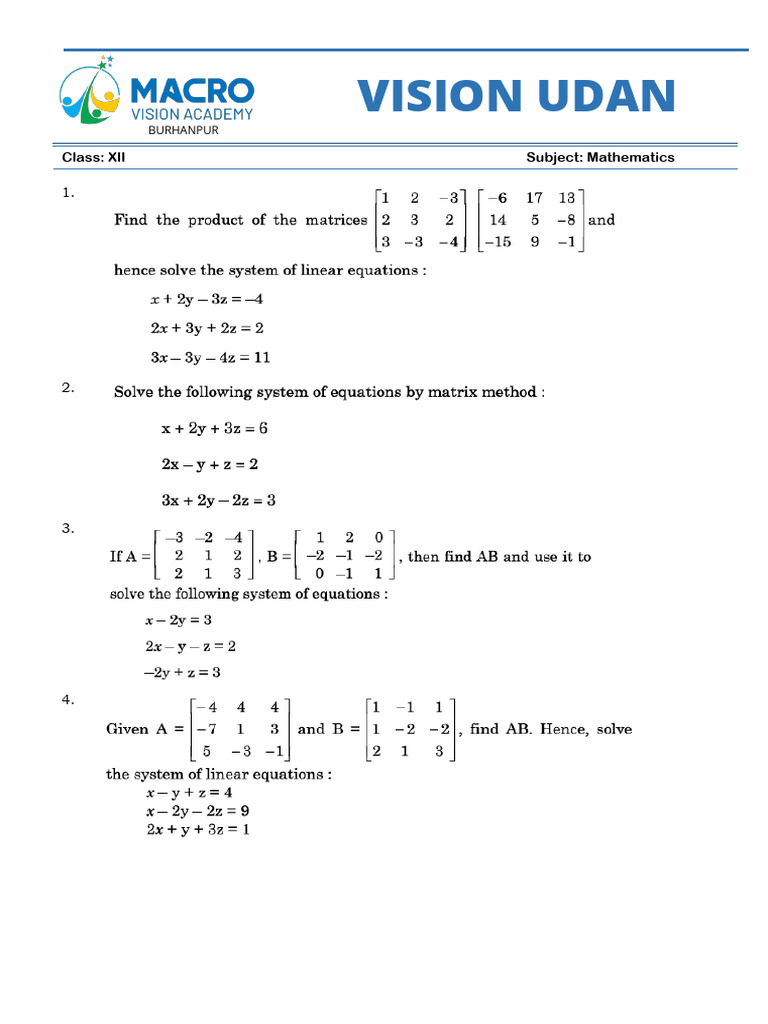 Class 12 - Maths - Practice Sheet - Chapter - 4 DONE | PDF