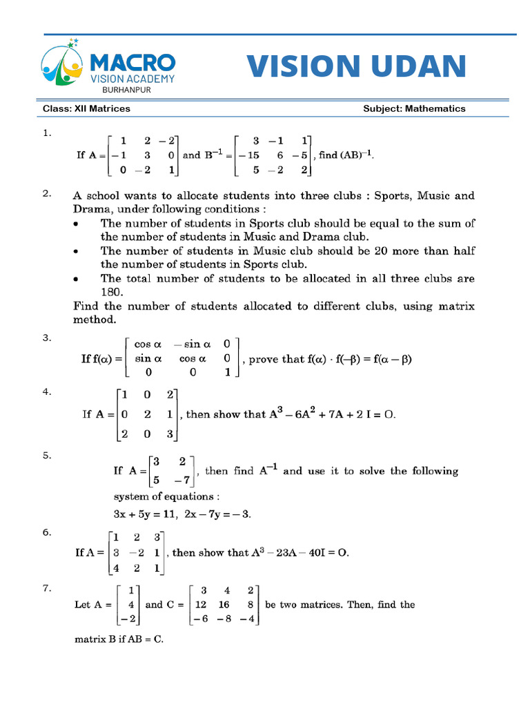 Class 12 - Maths - Practice Sheet - Chapter - 3 DONE | PDF