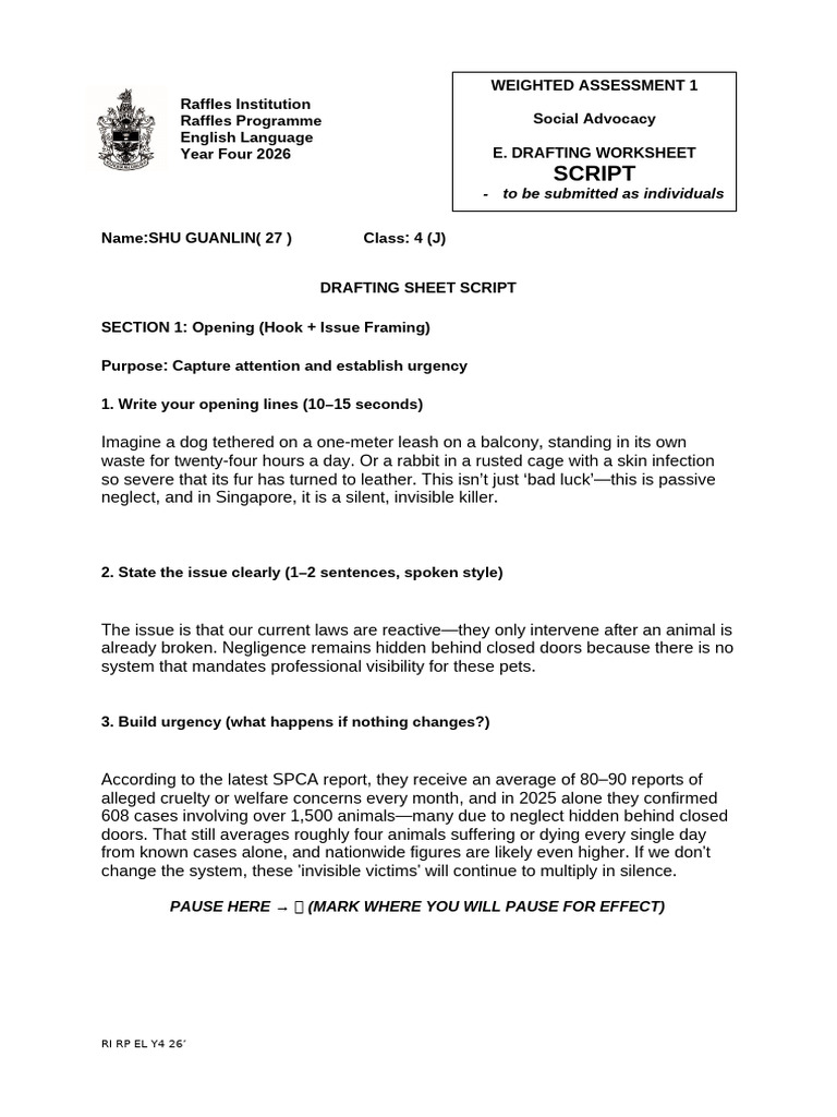 E. 2026 Y4 El Wa1 Drafting Worksheet Script | PDF