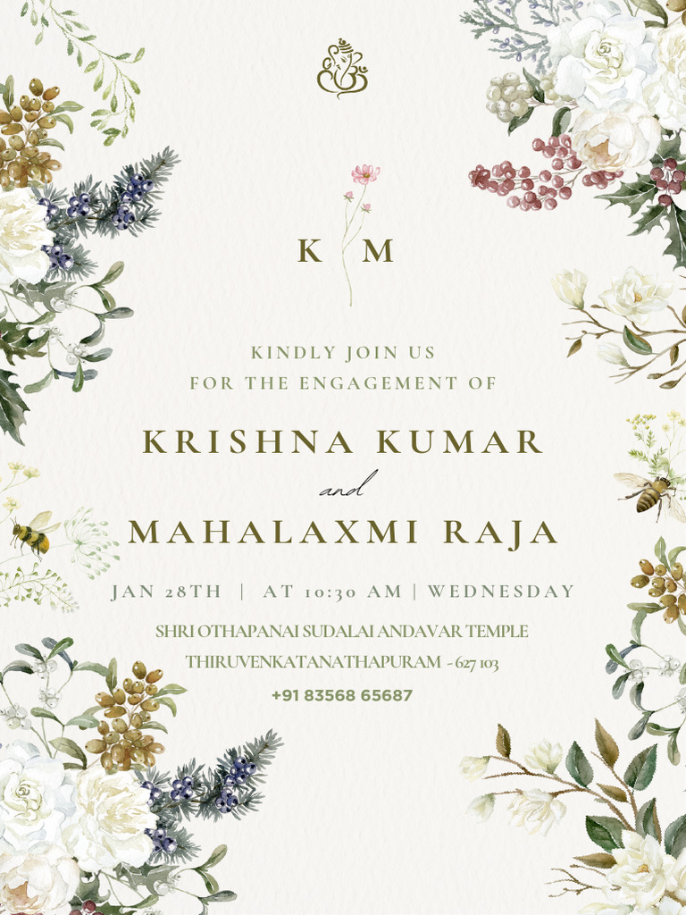 Krishna Kumar & Mahalaxmi Raja Engagement Invitation. | PDF