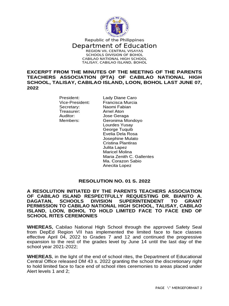 PTA Resolution For Face To Face Classes Graduation | PDF