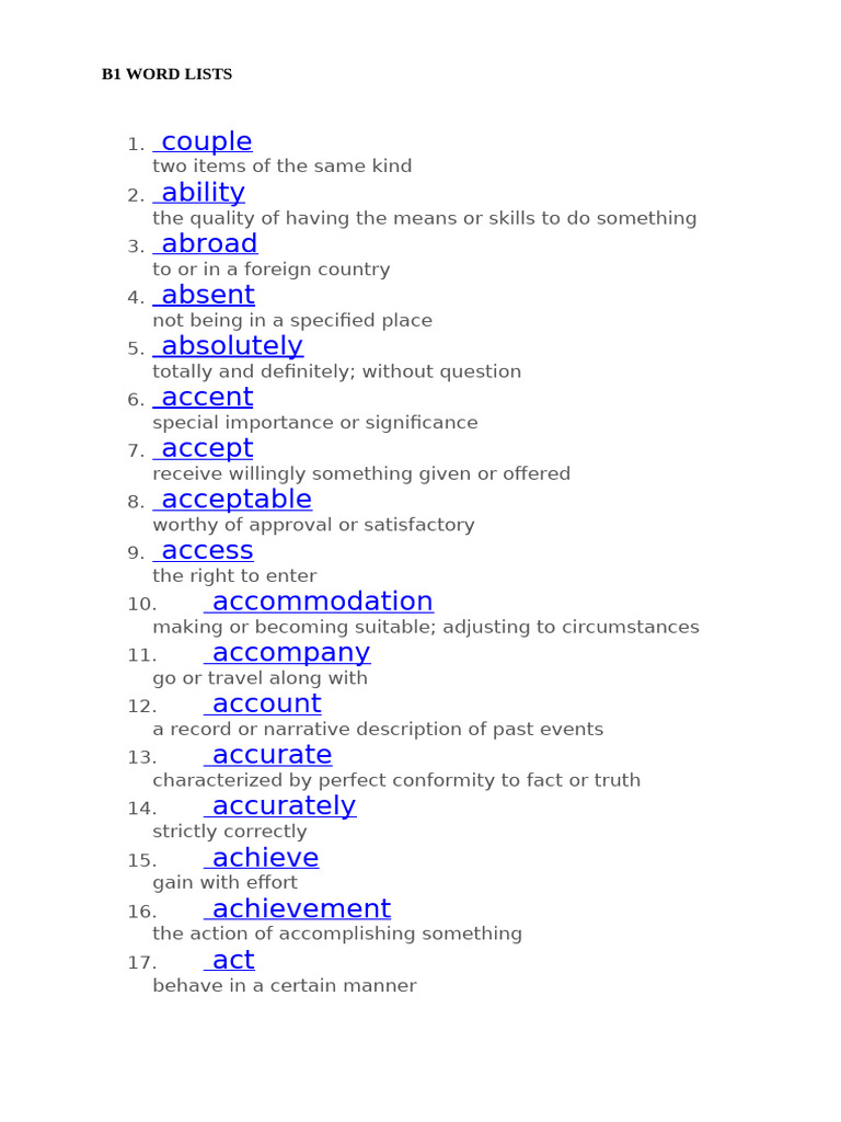 b1 Word Lists | PDF