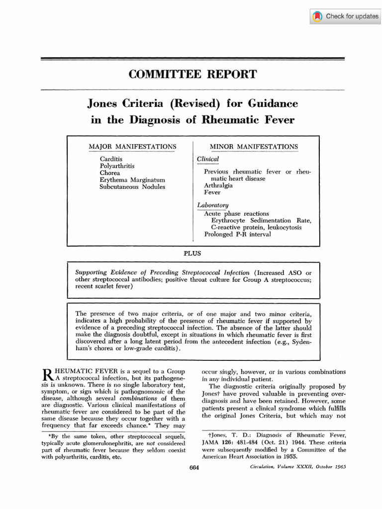1965 Jones Criteria (Revised) For Guidance in The Diagnosis of ...