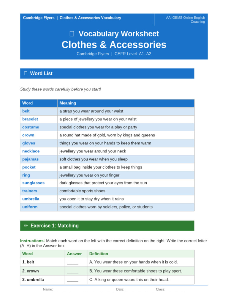 Cambridge Flyers Clothes Vocabulary Worksheet | PDF | Clothing | Jewellery