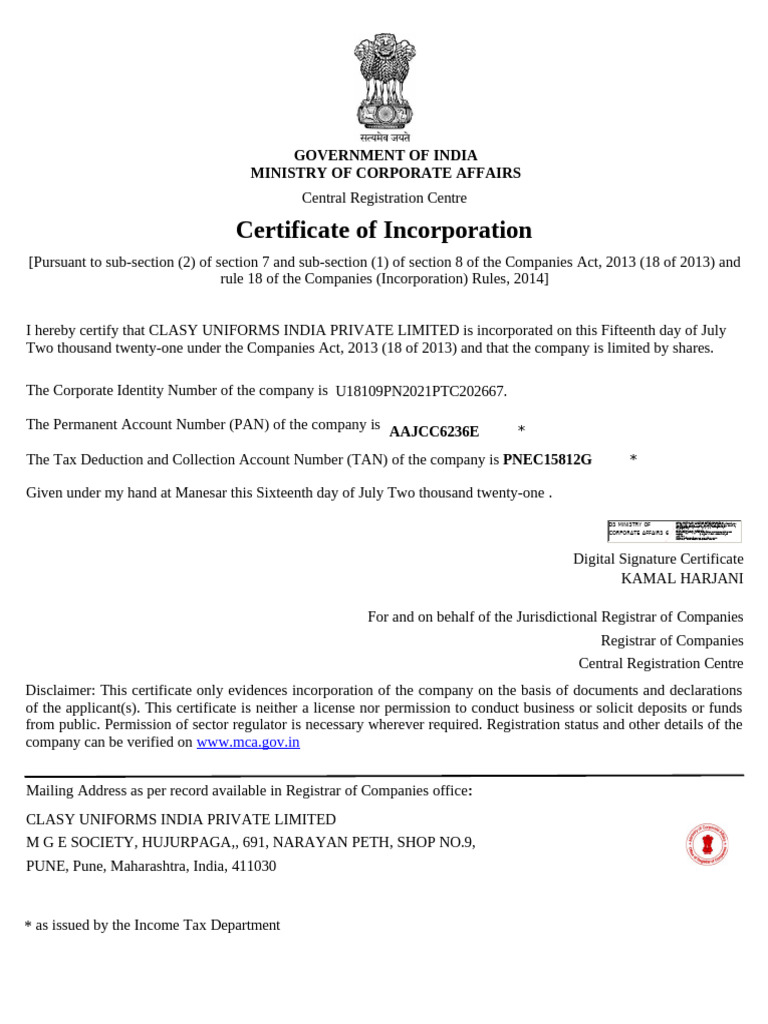 Tan Certificate of Incorporation | PDF | Taxes