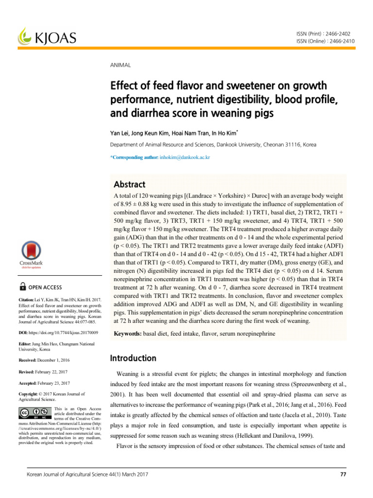 Effect of Feed Flavor and Sweetener On Growth Performance, Nutrient ...