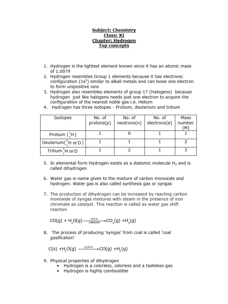 Xi Chem Ch9 Hydrogen Chapternotes | PDF | Hydride | Hydrogen