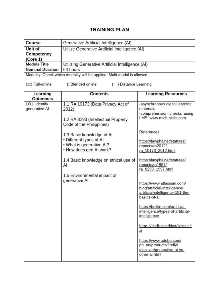 Training Plan - COC1 Gen - AI | PDF