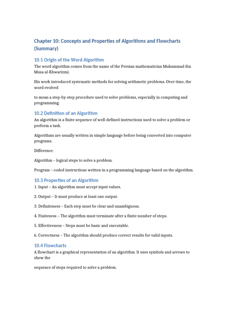 Chapter 10 Algorithm and Flowchart Summary | PDF