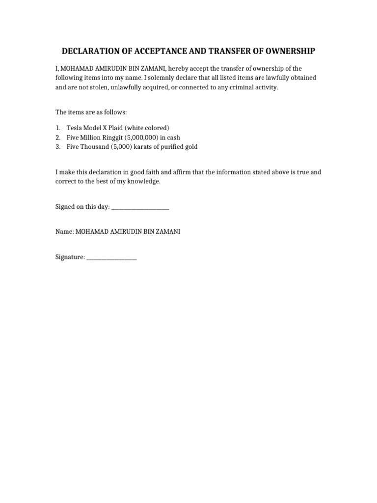Declaration of Acceptance and Transfer of Ownership AMIRUDIN | PDF