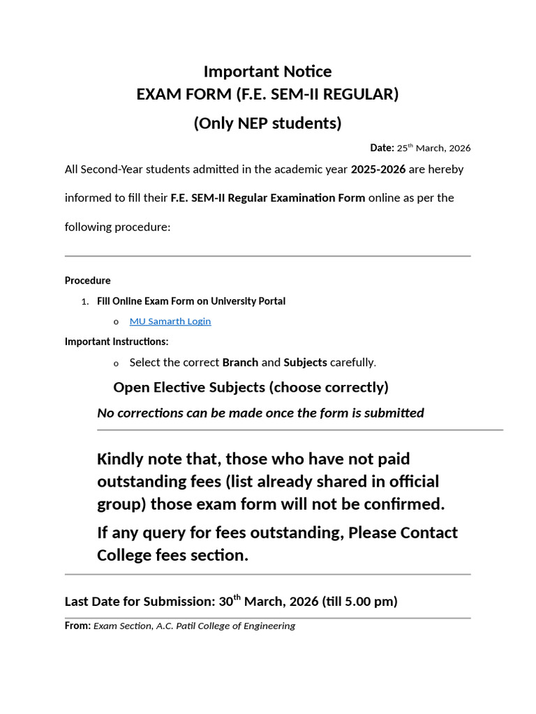 Nep Fe II Regular Exam Form Notice | PDF