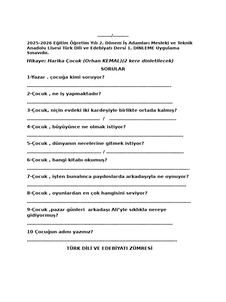 Harika Çocuk-Dinleme Soruları | PDF