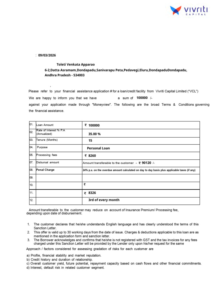 Loan Sanction-Letter With Kfs | PDF | Interest | Annual Percentage Rate