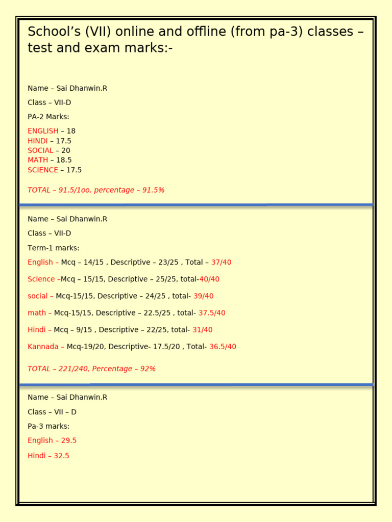 School Test and Exam Marks (Online) | PDF