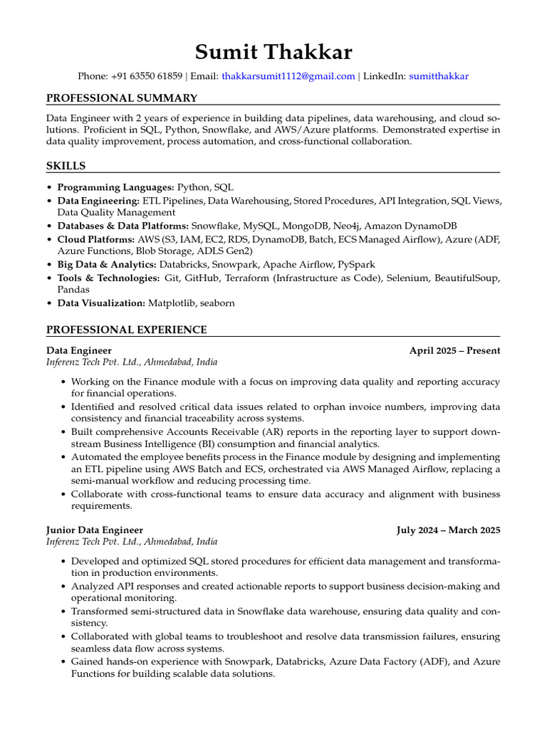Sumit Thakkar Data Engineer | PDF | Amazon Web Services | Cloud Computing