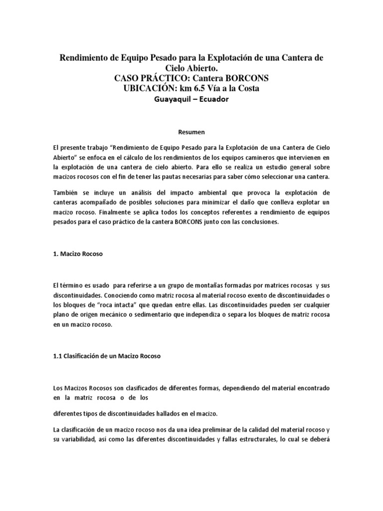 Rendimiento de Equipos en Cantera BORCONS | PDF | Material explosivo ...