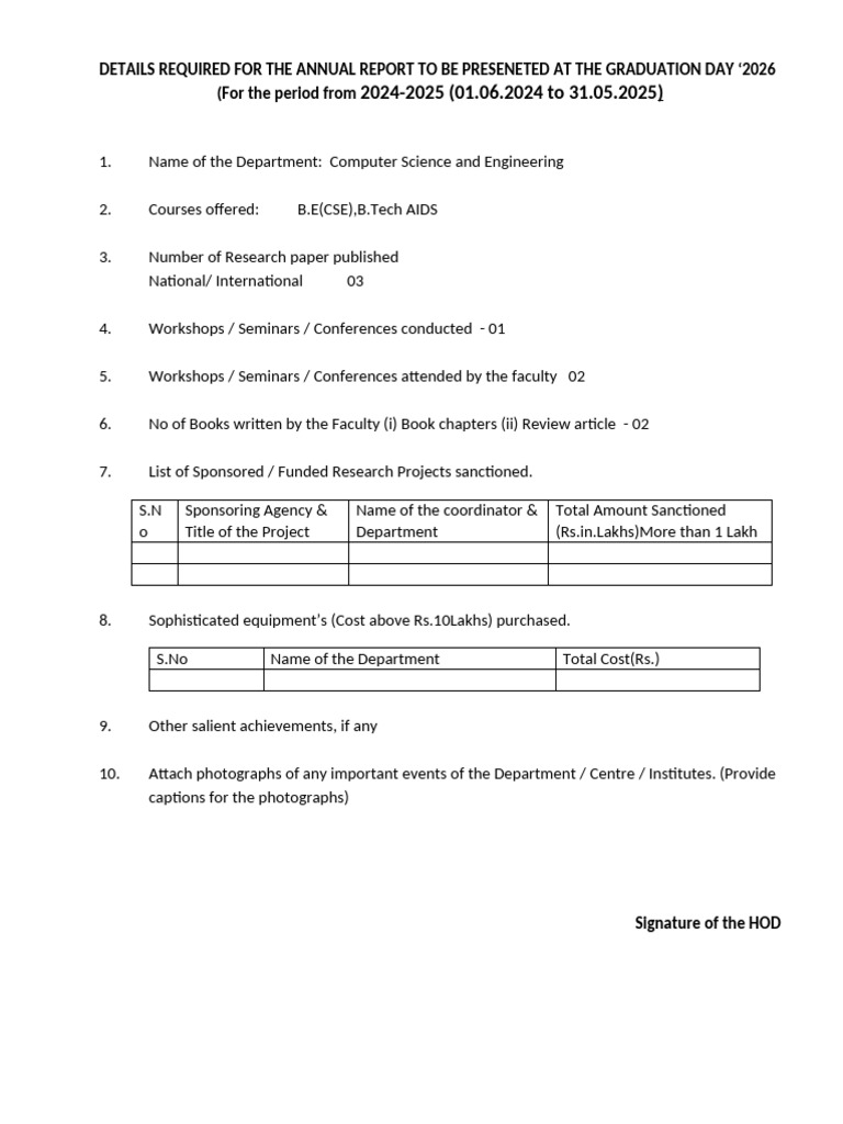 Annual Report Format - Graduation Day - 2026 - CSE | PDF