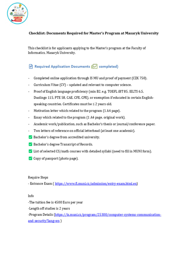 Masaryk University Masters Document Checklist | PDF