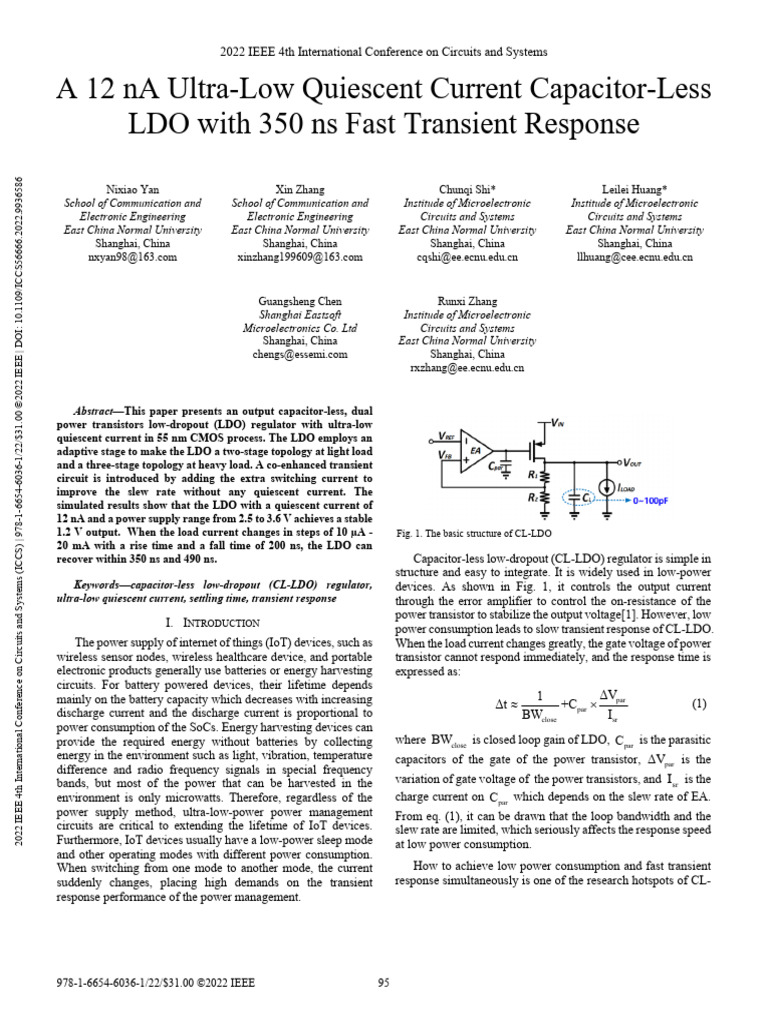 A 12 NA Ultra-Low Quiescent Current Capacitor-Less LDO With 350 Ns Fast ...